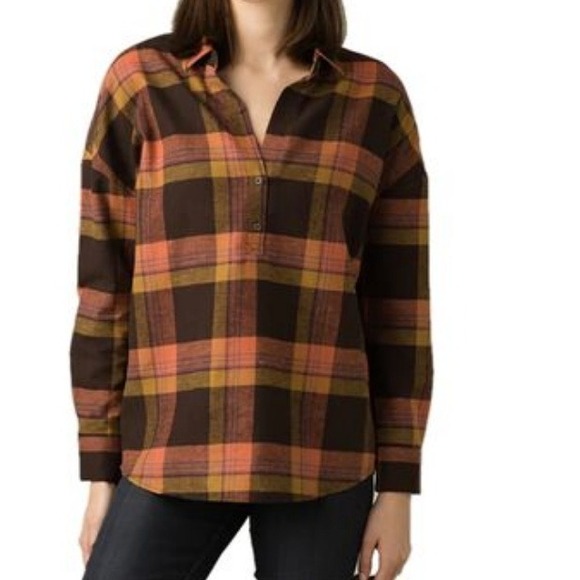 prAna Women's Dante Check Print Henley Flannel Long Sleeve Top, Raisin, XS - Picture 1 of 15